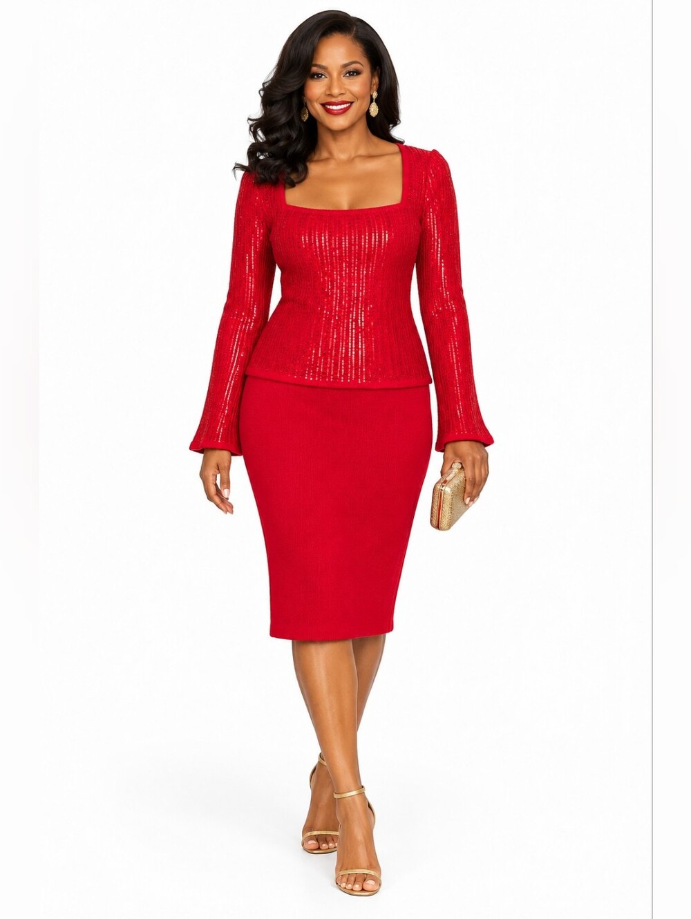 St. John Evening by Marie Gray Red Sequin Santana Knit Skirt Suit Size 12